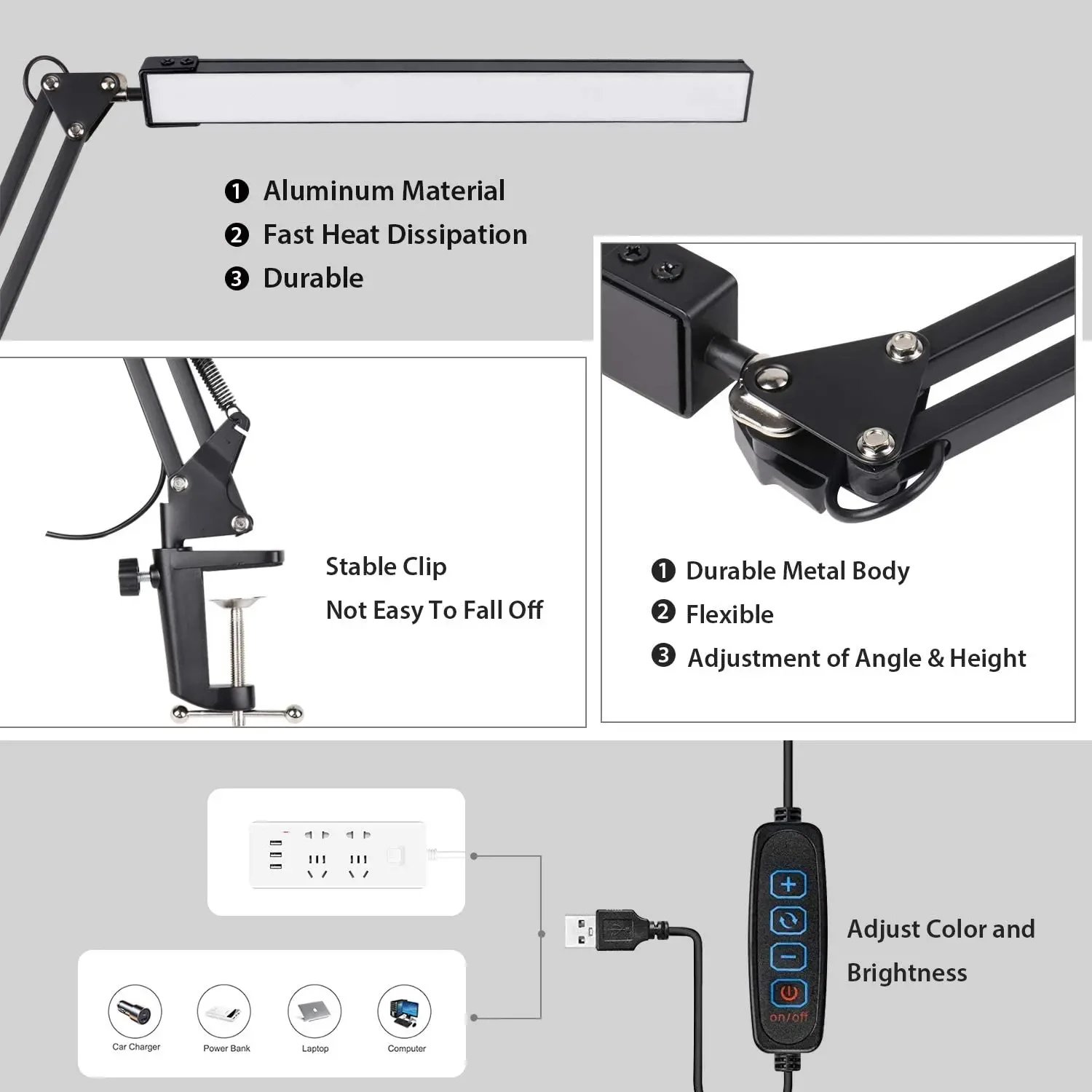 Moderno lustroso abajur LED ajustável, design elegante, conveniente porta de carregamento USB, nova lâmpada regulável com 3 opções de cores