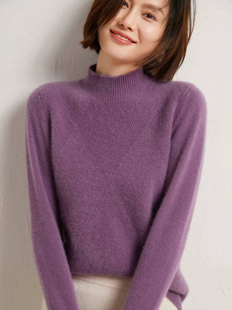 New 100% Merino Wool Sweater Women Autumn Winter Pullovers Mock Neck Long Sleeves Cashmere Knitwear Basic Soft Warm Bottom Cloth - Image 3