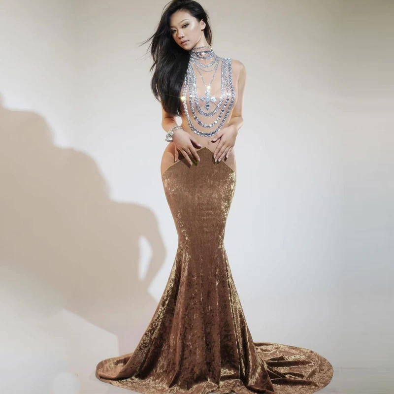 Rot Grün Mesh Samt Patchwork Schleppendes Kleid Frauen Sänger Strass Gogo Kostüm Bühne Laufsteg Outfit Festival Tragen XS8712