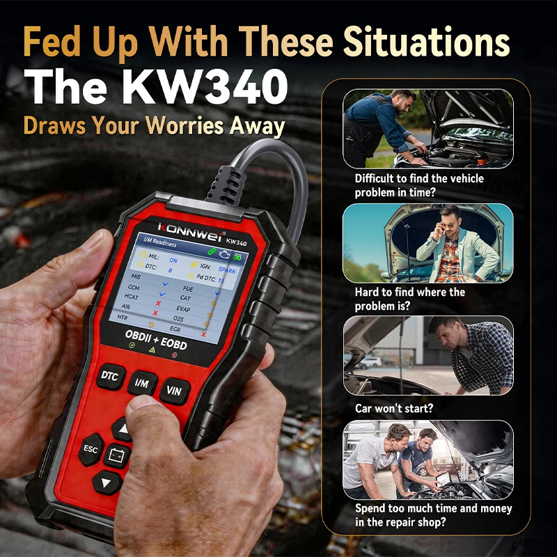 2026 KONNWEI KW340 Professional  Car CAN OBD2 EOBD Diagnostic Tool Engine Battery Test Read DTC Fault Code Clear Real-Time Data
