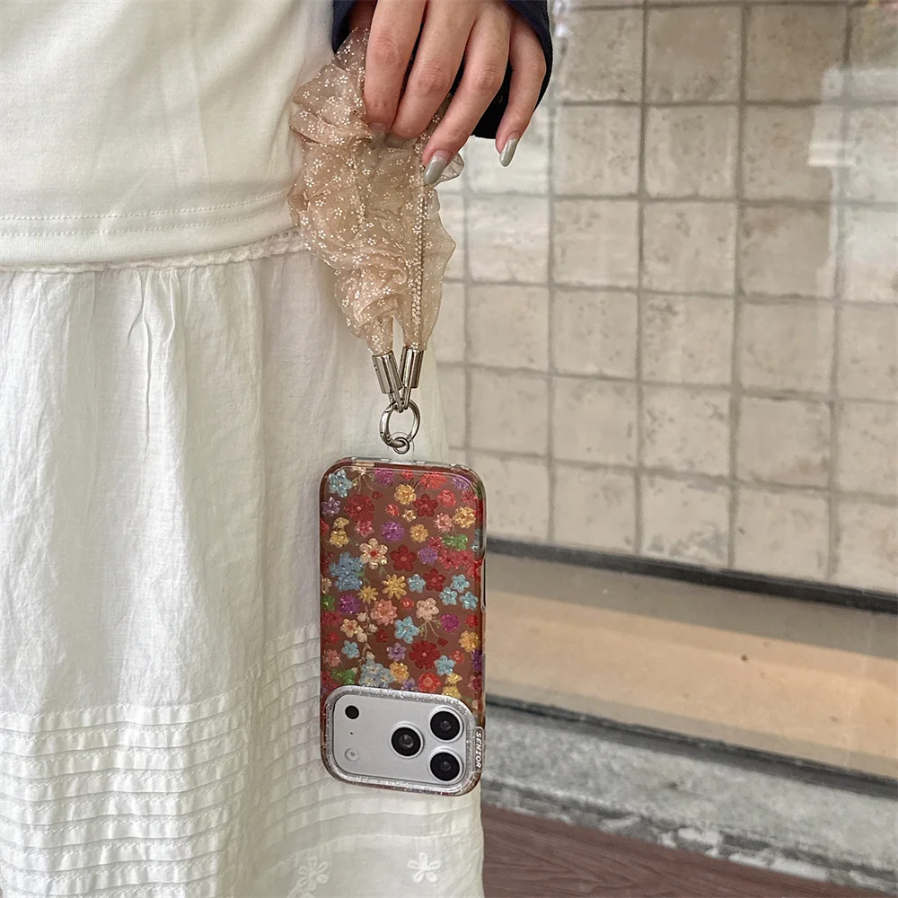 Vintage Colorful Floral Print Phone Case For iPhone 15 16 17 Pro Max With Lace Gauze Wrist Strap Shockproof Protective Cover
