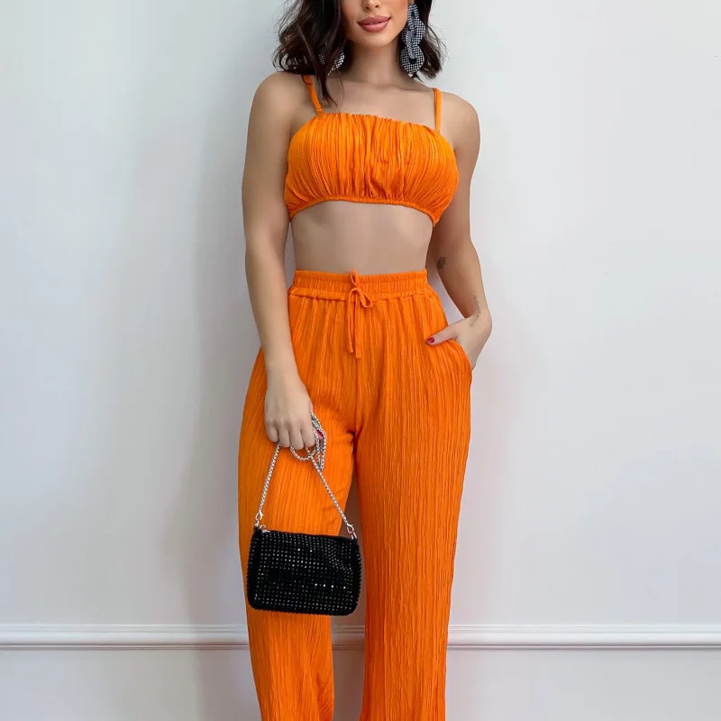 

Women Set Summer Solid Color Sleeveless Waistless Sexy Suspenders + Trousers Two-Piece Set 2023 New Women Loose Plus Size Set