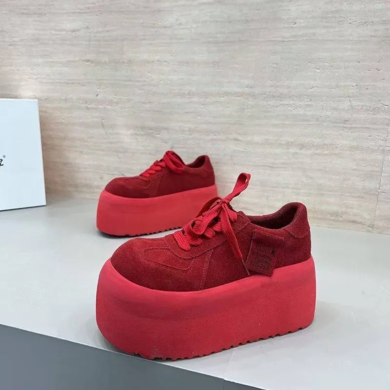 Spliced Platform Sneakers Spring New Round Toe Lace-Up Non-Slip Heightened Low-Top Single view 3