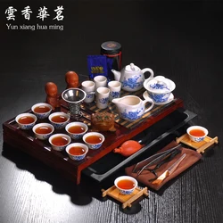 Kung fu tea set the whole kettle set of blue and white porcelain ceramic teapot solid wood tea tray tea ceremony