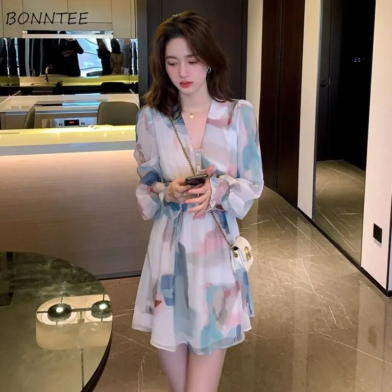 

Long Sleeve Mini Dress Women Leisure Thin New Spring Office Ladies Simple Tie Dye Designed Vintage All-match Gentle Aesthetic