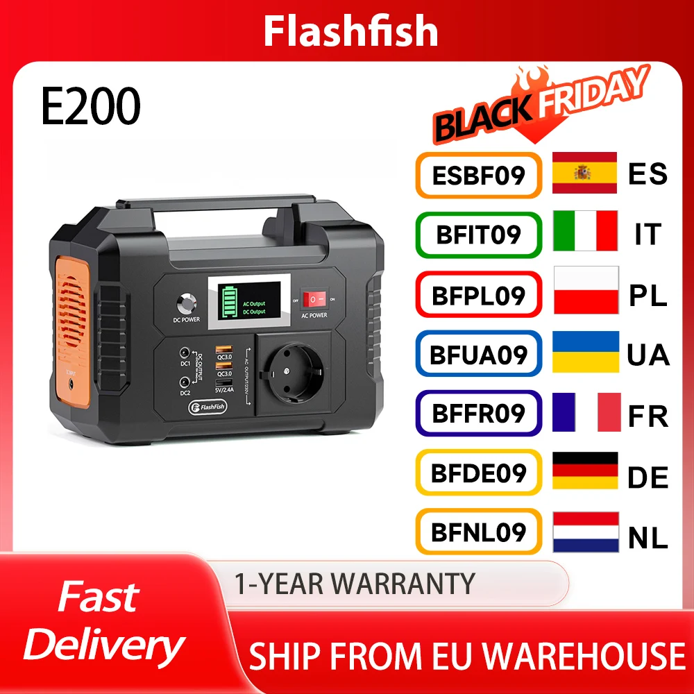 Flashfish E200 centrale électrique portable, batterie LiFePO4 200 W 151 Wh, sorties AC/DC/USB, onde sinusoïdale modifiée, conception unique