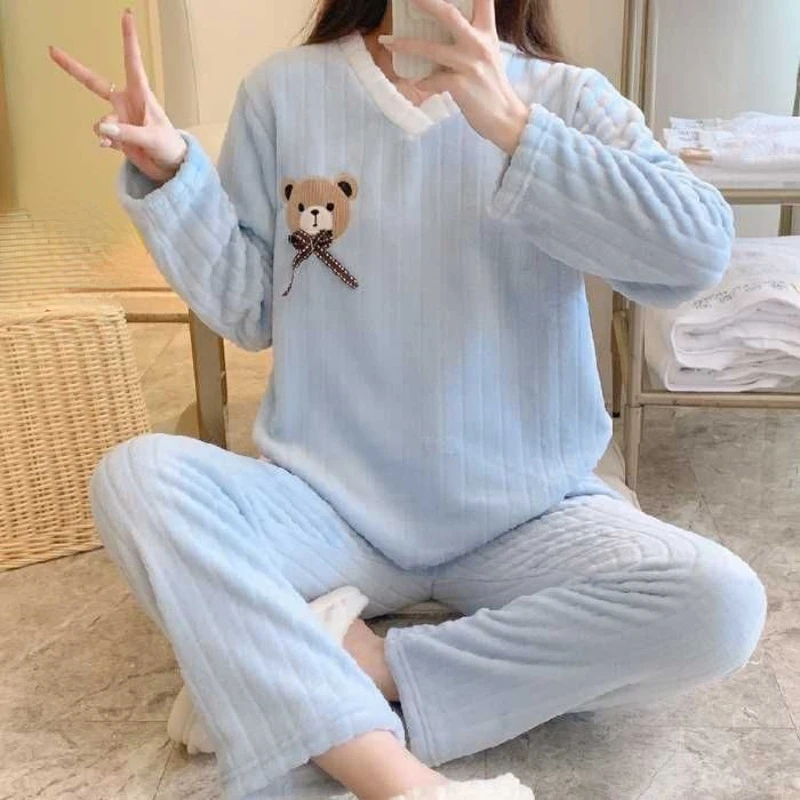 2024 New Coral Velvet pigiama donna primavera autunno Sleepwear studente manica lunga inverno Homewear flanella Plus Size Loungewear Set