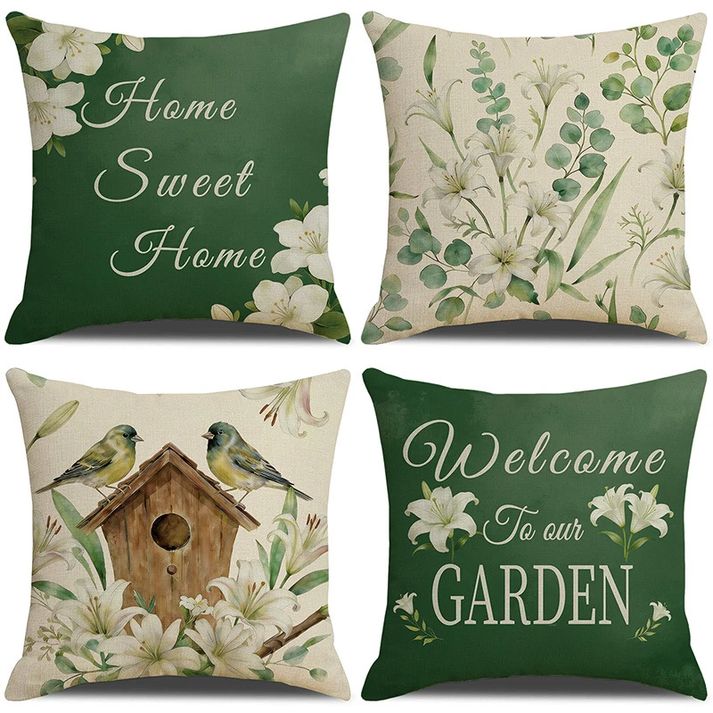 VIKAMA Spring Summer Pillow Covers Green Leaves Bird Lily Print Decorative Cushion Covers for Home Porch Sofa Decoration