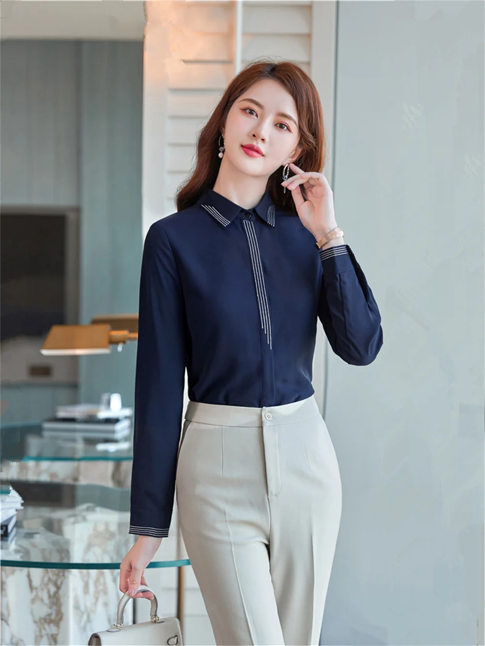 

Elegant Women's Shirts 2023 New Spring Summer Navy Blue White Casual Long Sleeve Shirt Office Ladies Formal Shirts and Blouses