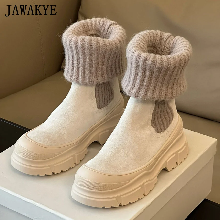 Thick Sole Suede Leather Ankle Boots Women Round Toe Knitted Collar Designer Short Boots Winter Casual Brand Snow Boots Mujer