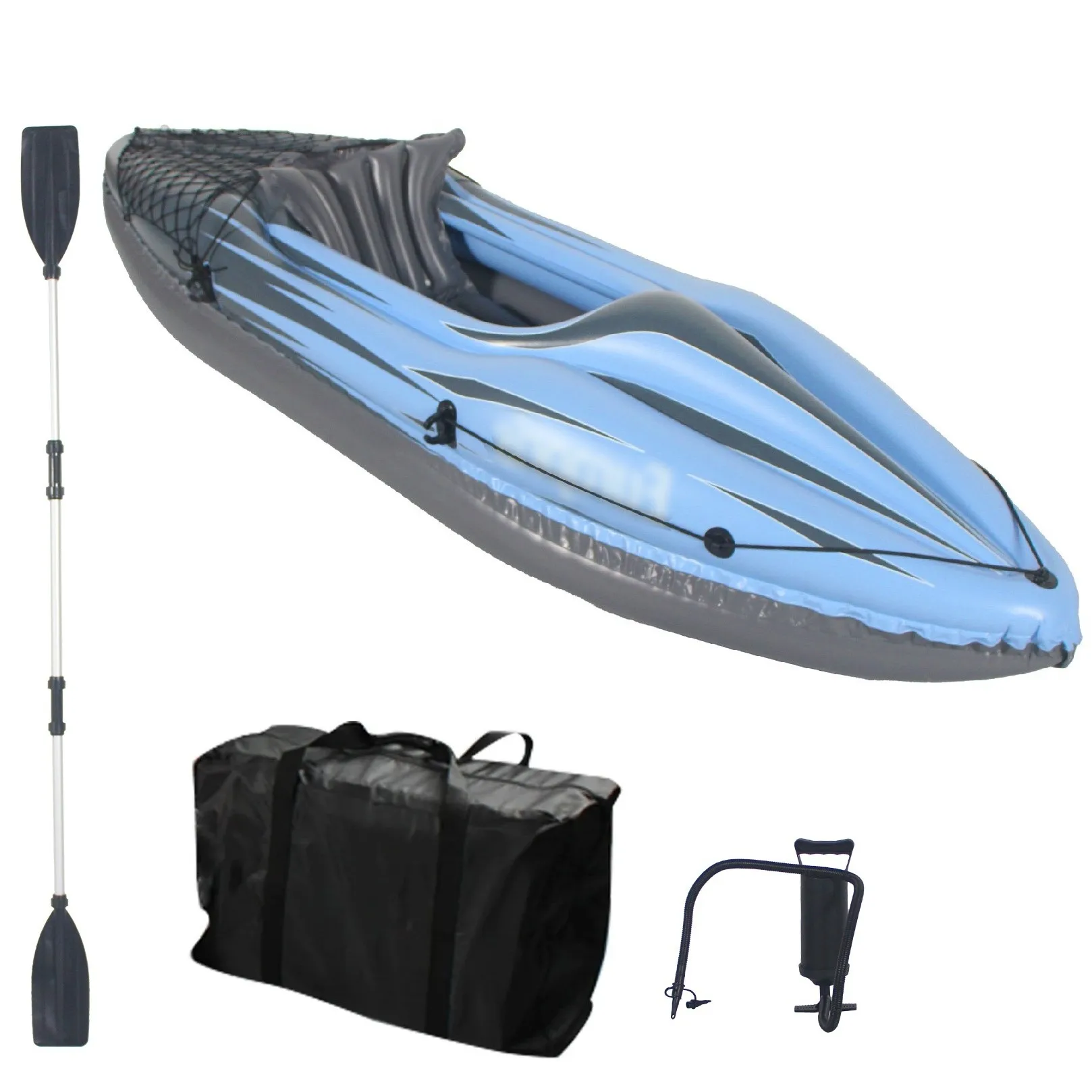 Bote de pesca inflable para kayak, canoa azul para adultos para 1 persona, con remos, bolsa, asientos, bomba de alto rendimiento, aleta, para lagos y ríos