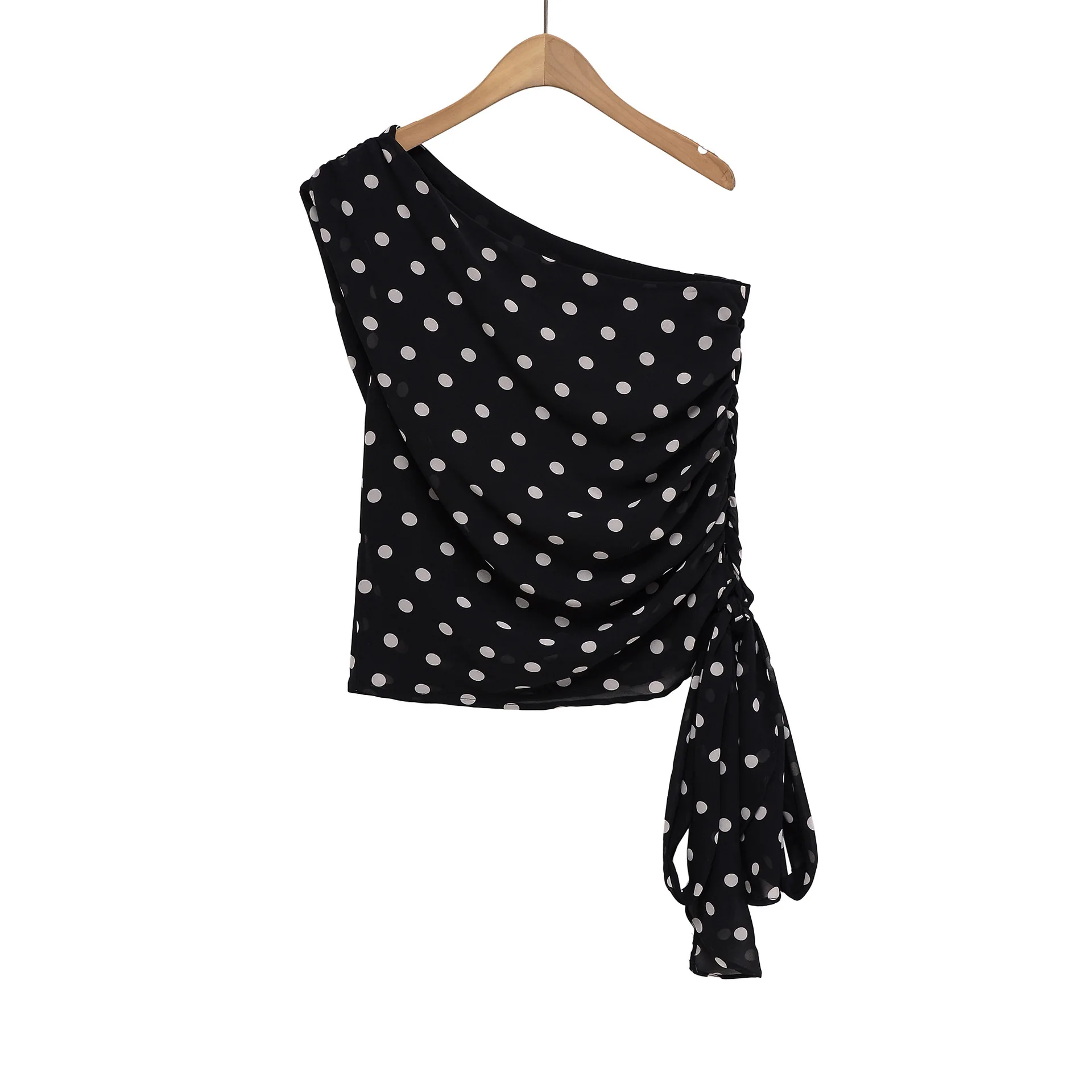 

ZBZA Woman's Oblique Shoulder Cropped Top Pleated Slim Fit Polka Dot Irregular Side Lace-up Top Commuter Summer New Chic Top