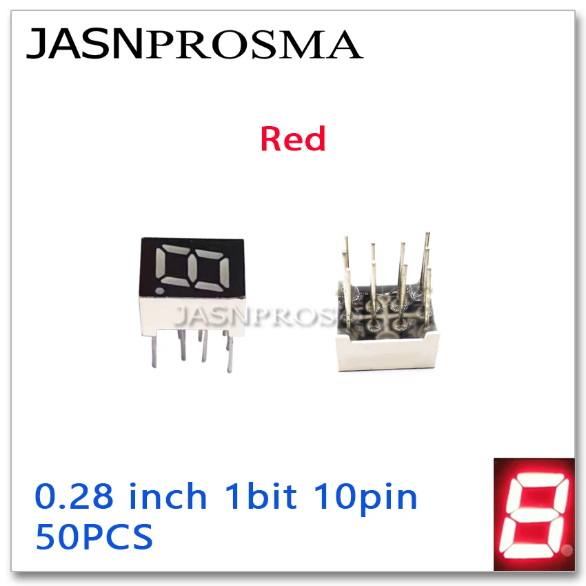Jasnprosma 50 peças 0.28 polegadas 7 segmentos 1 bit dígito tubo vermelho 0.28 polegadas cátodo comum ânodo display led 10 pinos