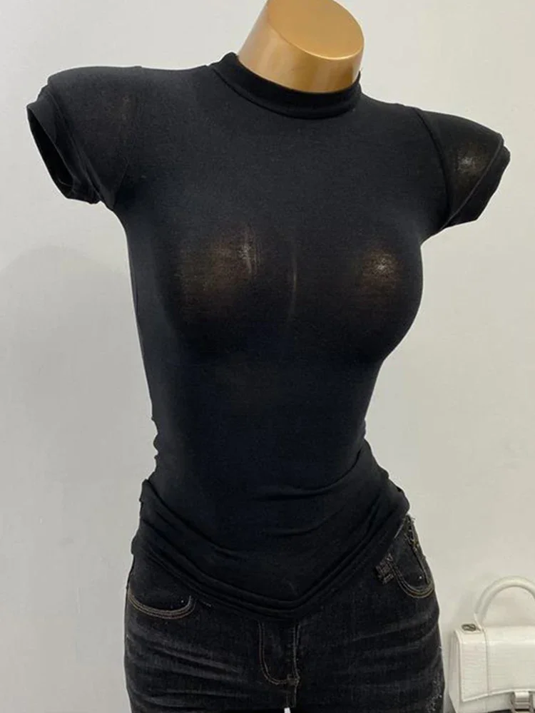 하프 하이 칼라 티셔츠 한국 투명한 반팔 슬림 피트 탄성 솔리드 내부 바닥 셔츠 섹시한 큰 가슴 티셔츠