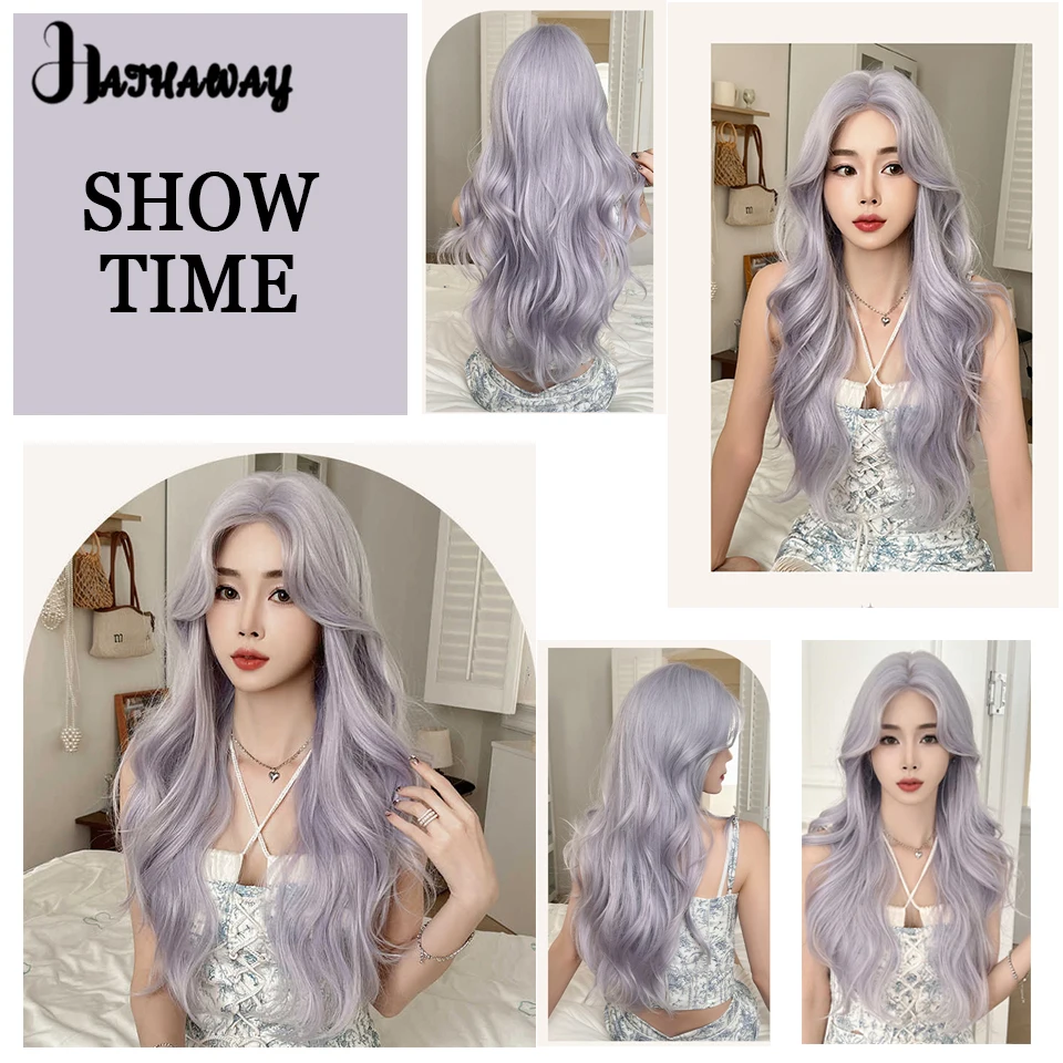 Peluca larga y ondulada para fiesta y baile, cabello morado-gris con pelo largo y rizado para ondas grandes, tocado completo, esencial para Cosplay, Lolita