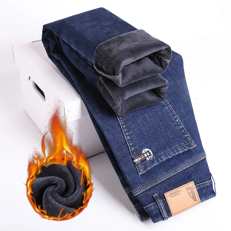 Pantalones vaqueros rectos de lana para hombre, pantalón informal, cómodo, grueso, cálido, a la moda, de terciopelo, para invierno