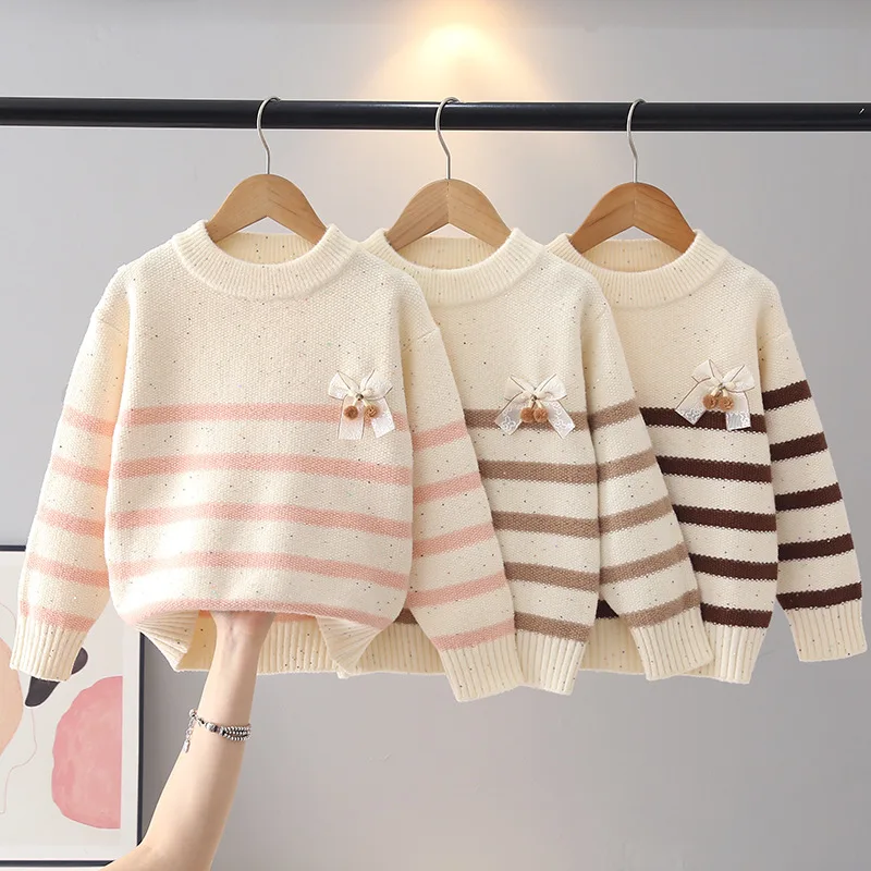 Beauty Kids Speckled Yarn Striped Crew Neck Knit Sweater for Girls Hariball Bow-tie Student Casual Long Sleeve Pullovers JY07251