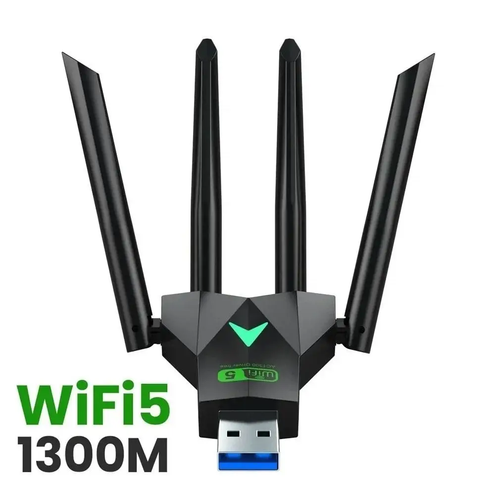 

4 Antenna Design Dual Band WiFi USB Adapter USB Interface Receiver 1300Mbps WiFi Dongle Driver Free Dual Band 2.4G/5Ghz