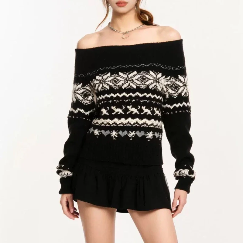 Vintage Off Shoulder Knitted Pullovers Women Sexy Korean Style Black Harajuku Sweaters Sweet Retro Y2k Print Tops