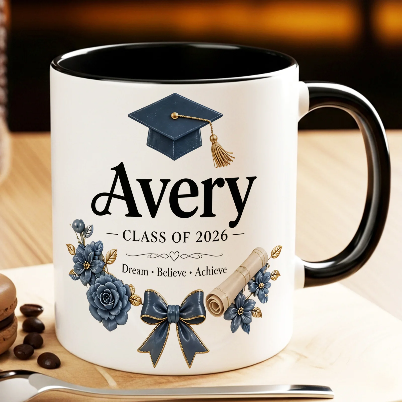 Floral Graduation Personalized Coffee Mug 11oz Class of 2026 Dream Believe Achieve Ceramic Cup Gift for Graduate