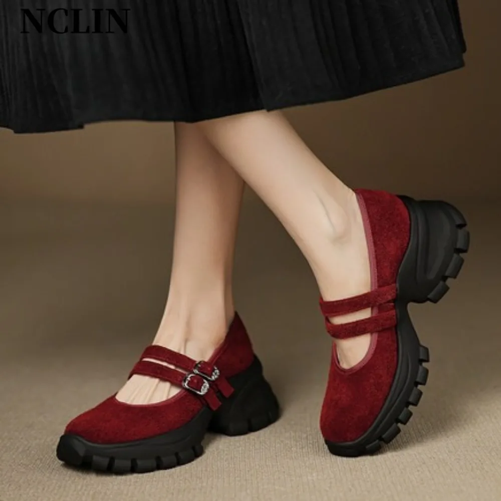 

women height heel Shoes Genuine Leather Shallow Mouth Square Head One Line Buckle French Mary Jane Ballet Single Shoes for Women