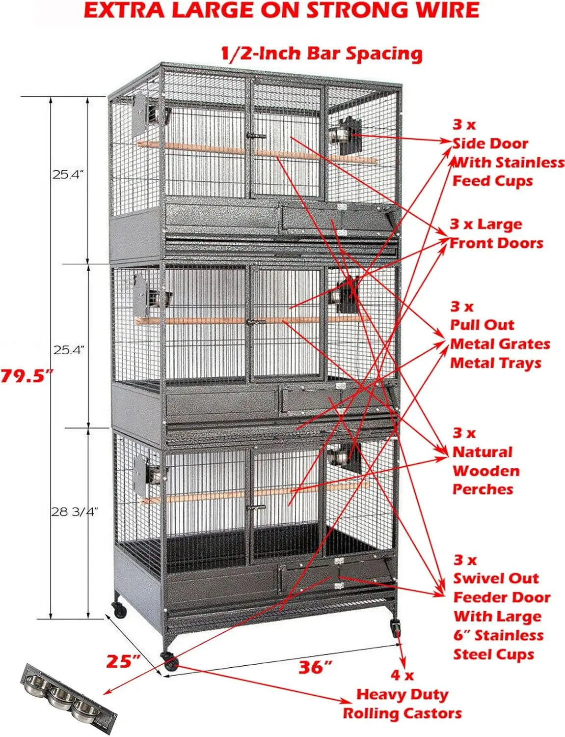 Extra Large Stackers Heavy Duty Wrought Iron Breeder Parrot Aviary Bird Breeding Rolling Cage with Side Nest Doors