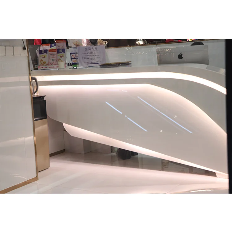 Customized.Duponts Corians Custom Made White Salon Reception Counter Front Led Light Curved Reception Desks