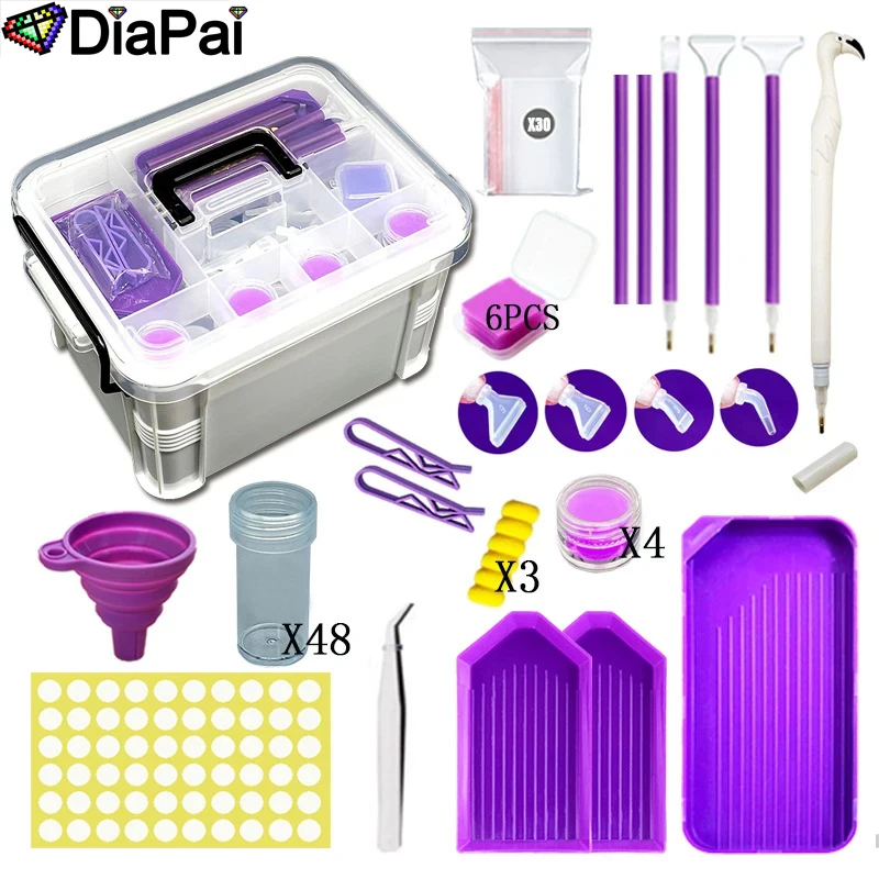 DIAPAI 111-Piece Diamond Painting Tools Kit with Plastic Storage Box, Trays, Bottles, Tweezers, Pens, Wax, Funnel Accessories