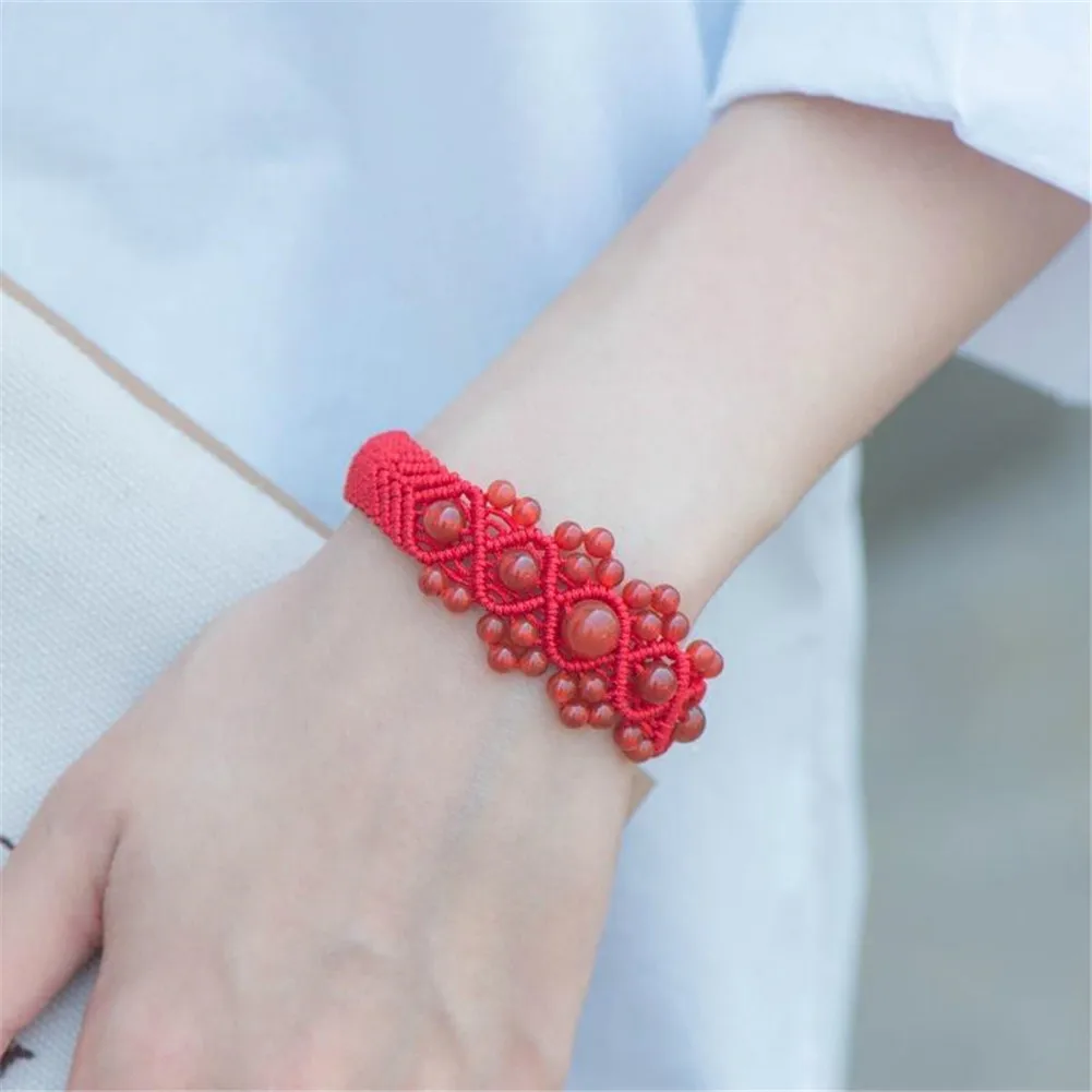 Nature Red Gem Beads Macrame Bracelet Handmade Braiding Adjustable Bracelet Women Fashion Stone Beads Bracelet Bangle Jewelry