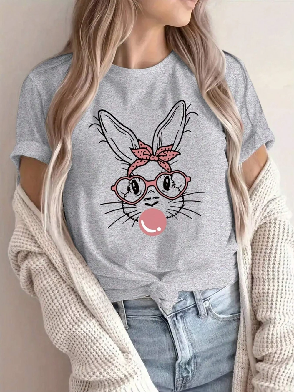 Fashion Pink Rabbit Blowing Bubble Women T Shirt Cotton Casual Short Sleeve Oversized Soft Top Street Oversize Tshirt Female