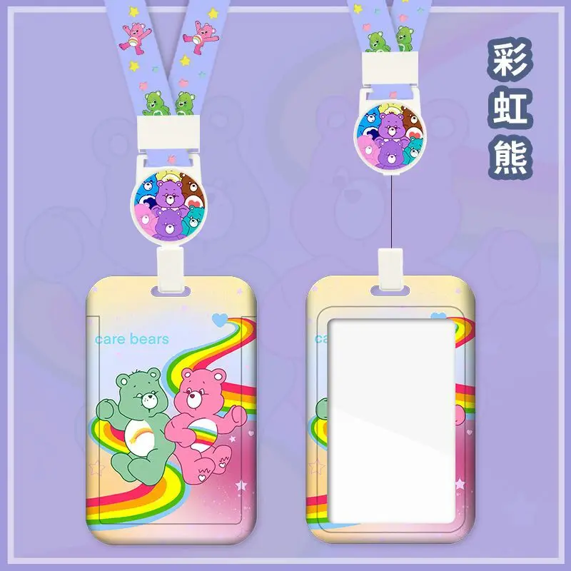 MINISO Care Bears Campus Cute Card Holder Transparent Long Lanyard Cartoon Key Chain Bus Access Control Subway Card Animation