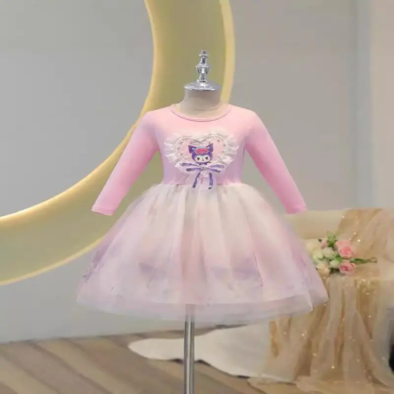 فستان بناتي لربيع وخريف 2024 فستان كورومي بونغسا الجديد تنورة شبكية غربية للأطفال بأكمام طويلة سانريو هالو كيتي للفتيات