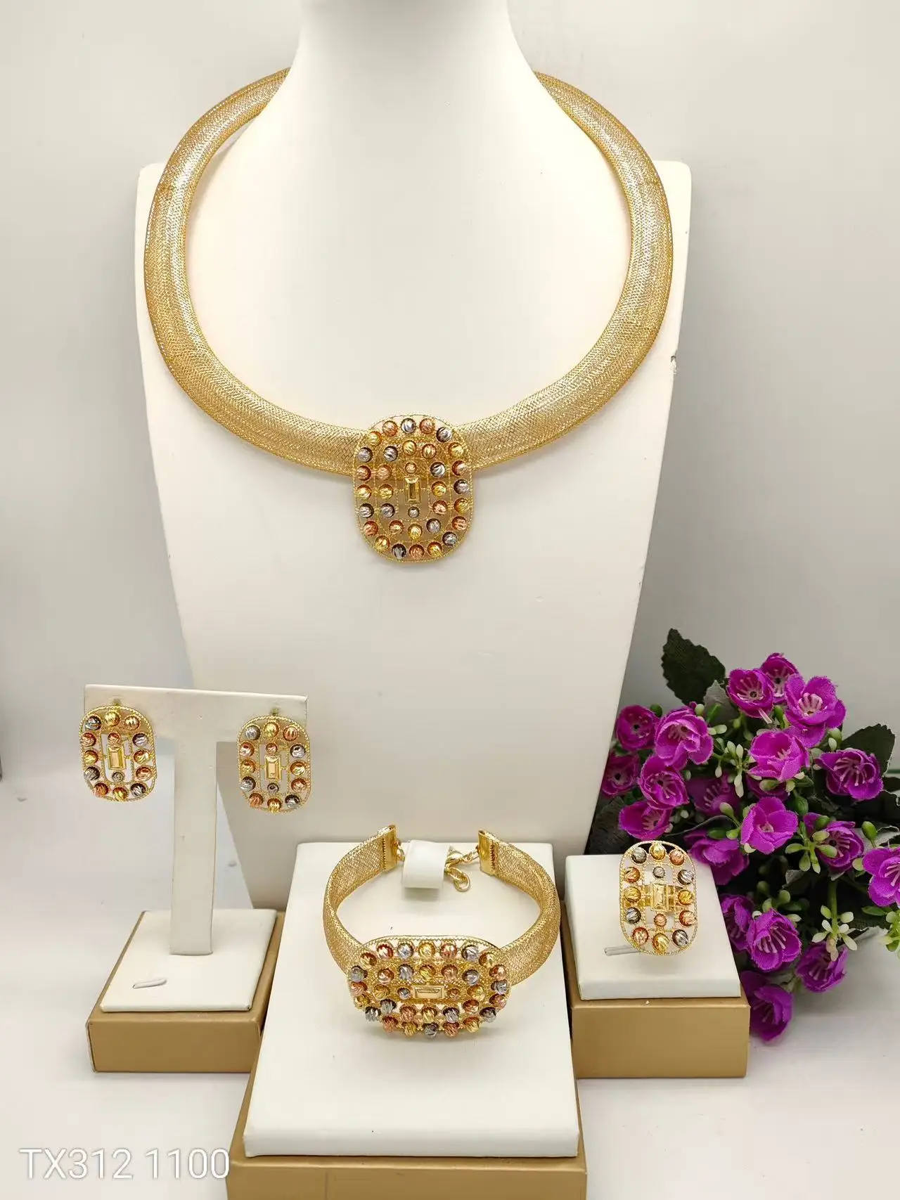 New Tri-color Crystal Mesh Choker Jewelry Set 4pcs Gold Plated Necklace Earring Bracelet Ring for Women Party Wedding Daily Wear