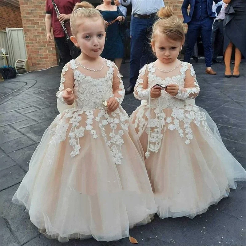 

Flower Girl Dresses Bow Lace Appliqué Tulle Puffy Baby Wedding Party Kid Birthday Dress Communion Commencement Baptism Prom