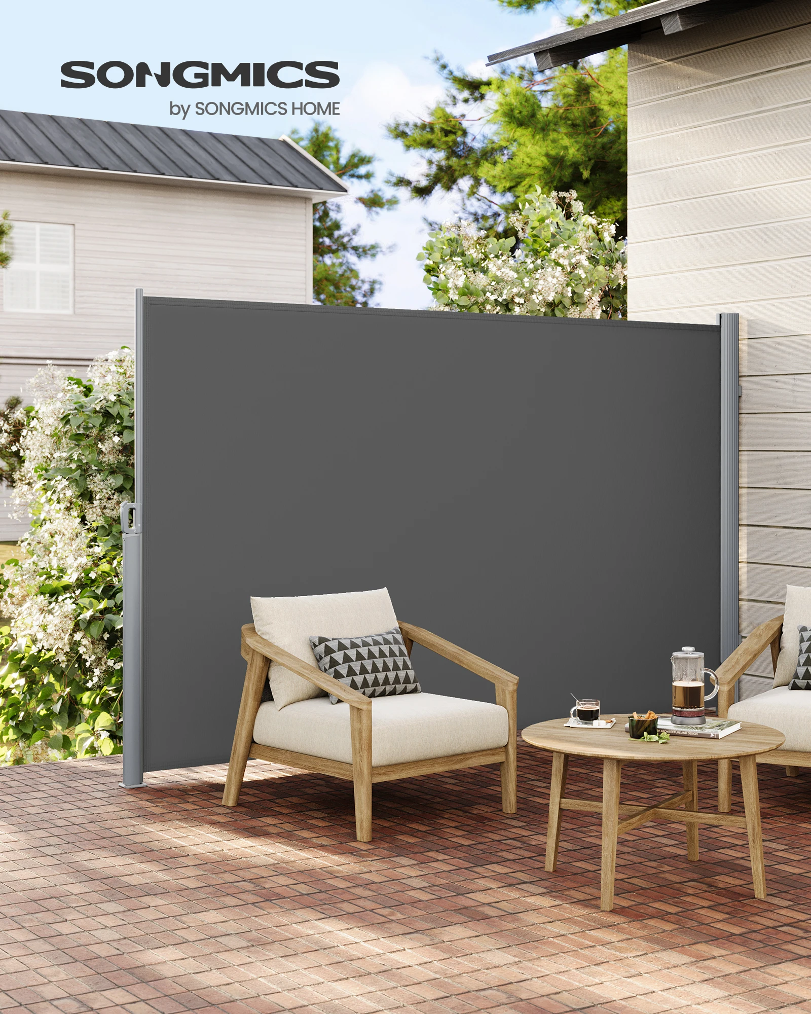 SONGMICS Seitenmarkise, ausziehbar, 1,6 x 3,5 m (H x L), für Balkon, Terrasse und Garten, mit Bodenhalterung, Sichtschutz