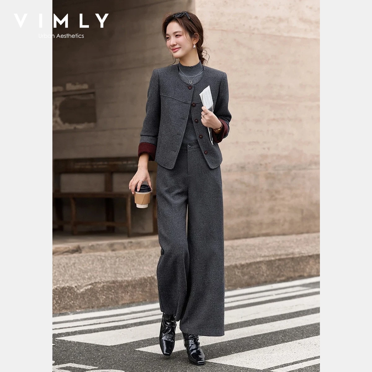 

VIMLY Elegant Matching Set for Women 2025 Round Neck Single-breasted Coat Ankle Length Pants Winter Lady New Two Piece Set A3110