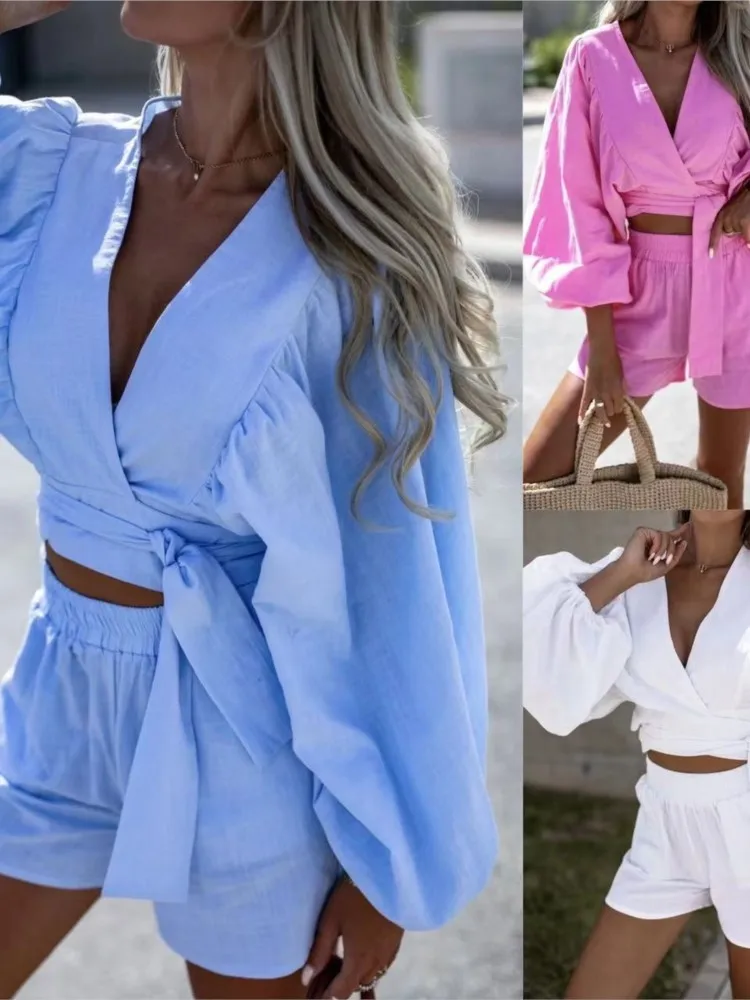Deep V-neck Lace Up Exposed Navel Long Sleeved Top Shorts Two-piece Set Summer New Fashionable Loose Lace Up Pleated Shorts Set