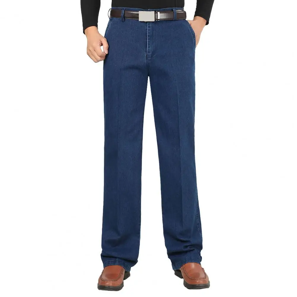 Men Long Trousers Colorfast Denim Men's Jeans High Waist Wide Leg Formal Business Style Trousers with Stretchy Fit Button-zipper