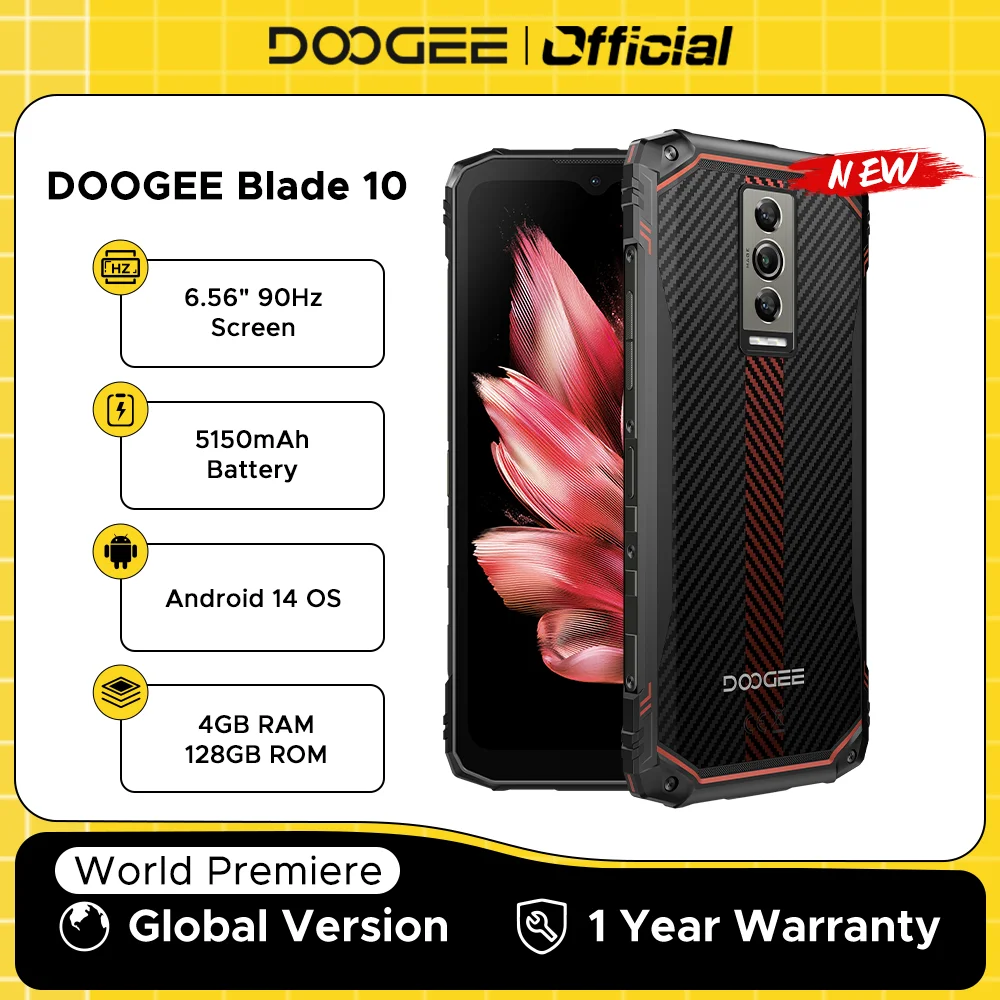 DOOGEE-Téléphone robuste Blade 10, écran IPS 90Hz, 6.56 pouces, 9 Go, 4 Go, 128 Go, Octa Core, appareil photo principal 16MP, 5150mAh, Android 14, déverrouillage par reconnaissance qualifiée ale