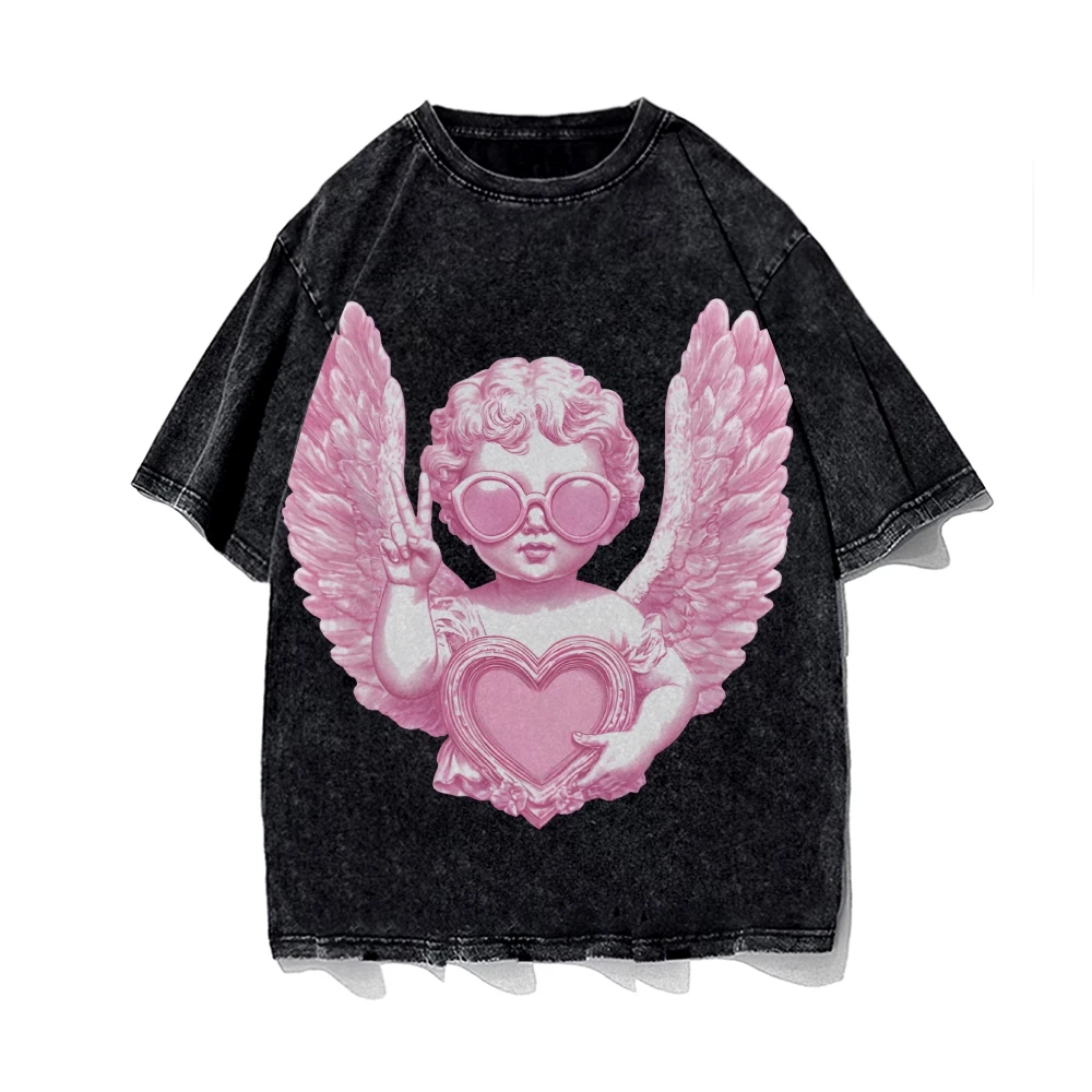 

Gothic Washed Tee Graphic T-shirt Pink Angel T-shirt All Cotton High Quality Oversize Washed T-shirt Heart Print Edgy Y2K Vibe