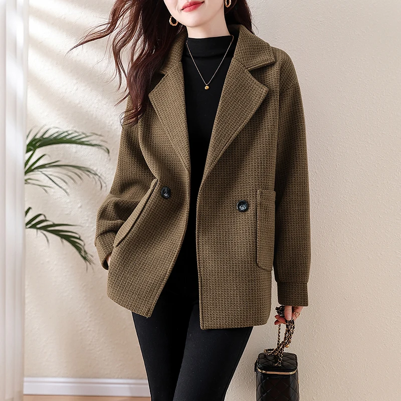 

Woman's Winter British Style Short Thick Waffle Texture Blazer Coats Retro Casual Solid Color Loose Single-breasted Woolen Coat