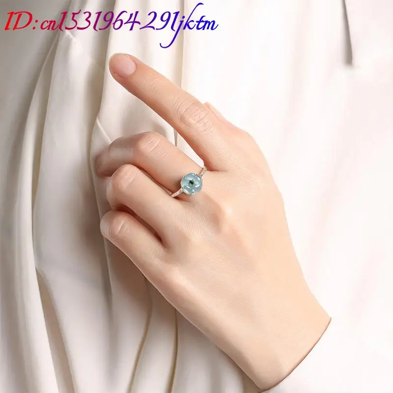 Blue Burmese Jadeite Flower Rings 925 Silver Natural Burmese Jade Luxury Talismans Fashion Accessories Gifts for Women view 5