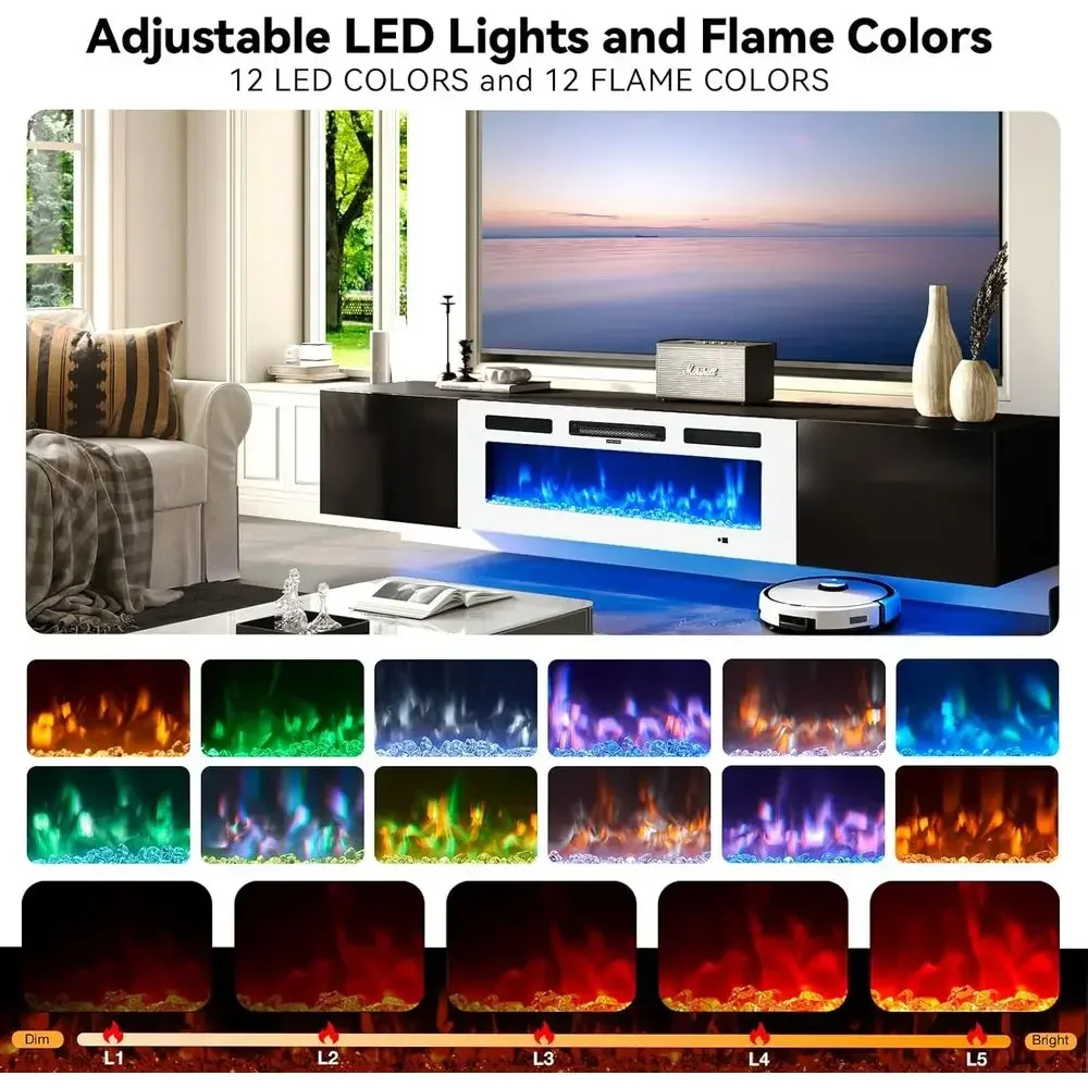 70 Floating TV Stand with 36 Electric Fireplace, Wall Mount Entertainment Center for TVs up to 80, Adjustable 12-Color LED Light