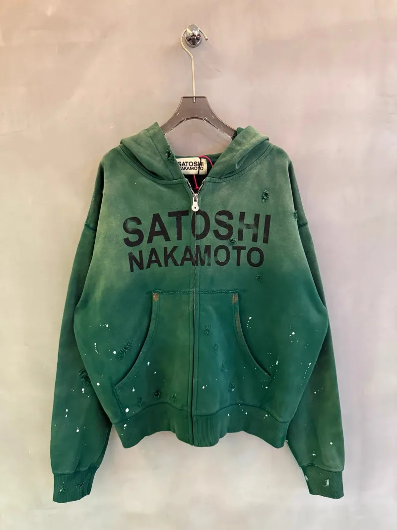 Green Washed Satoshi Nakamoto Distressed Zip Up Jacket Men Women Streetwear Hooded Sweatshirt