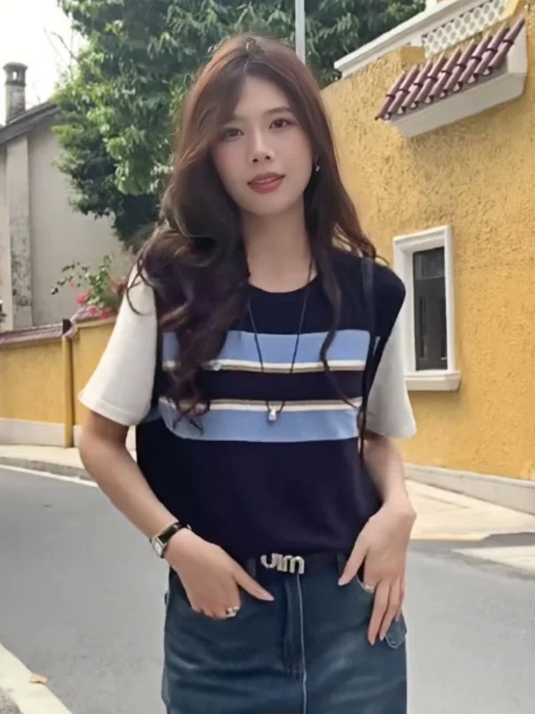 Color Block Stripe Knit Short Sleeve T Shirt Women's Korean Style Chic Design Summer Top Commute Style Slim Fit round Neck