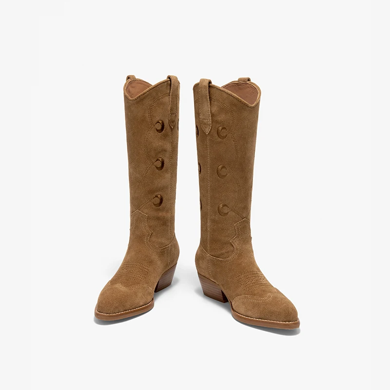 BEAUTODAY Western Boots Women Cow Suede Leather Pointed Toe Mid Heel Ladies Knee High Shoes Handmade 06163