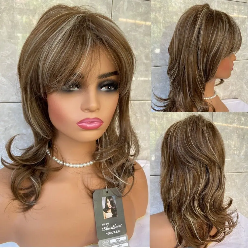 

Long Wavy Brown Mix Blonde Soft Human Hair Wig Women Natural Soft