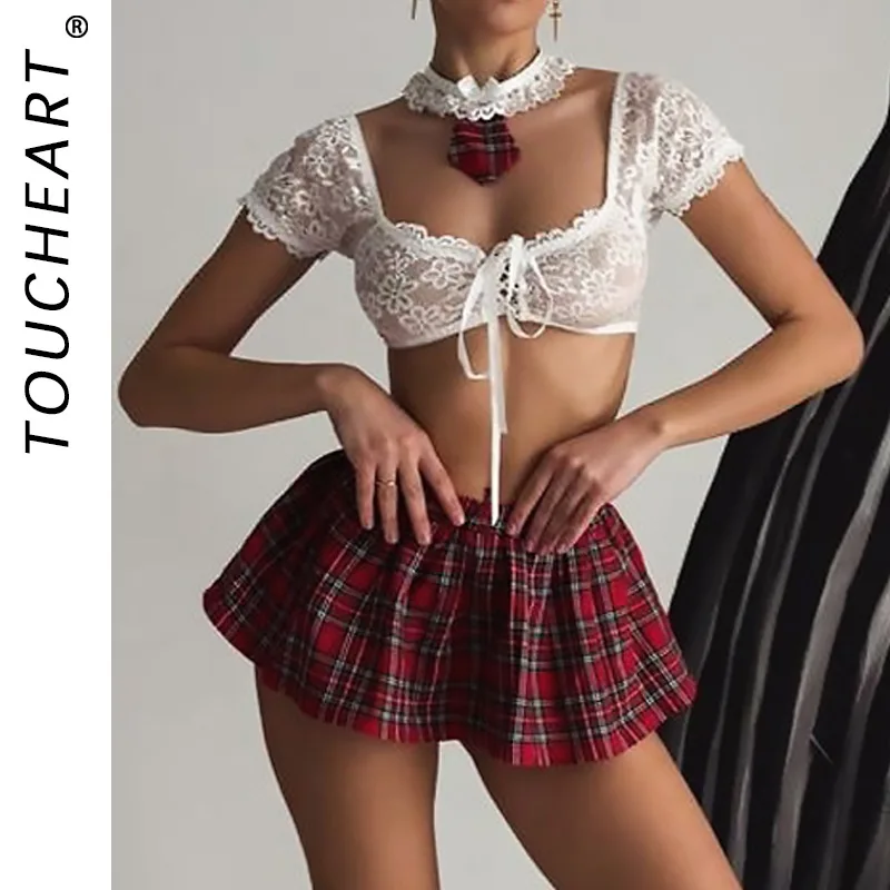 

Toucheart Sexy Lingerie Suit for Women Lace Mesh See-through Lace Up Top Plaid Pleated Skirt Halter Women's Underwear Set New