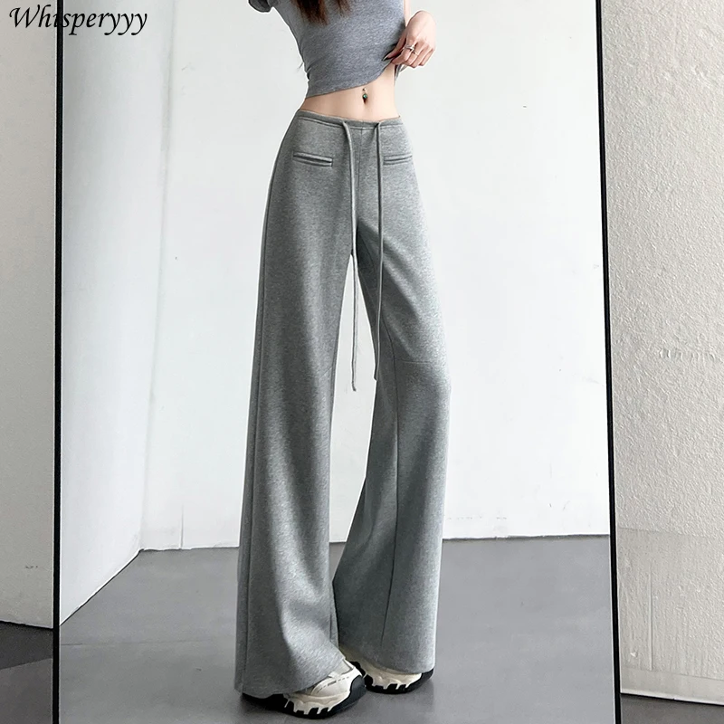 Spring Summer Casual Straight Sweatpants Women Clothing Front Pocket Wide Leg Pants Female Loose Solid Color Drawstring Trousers