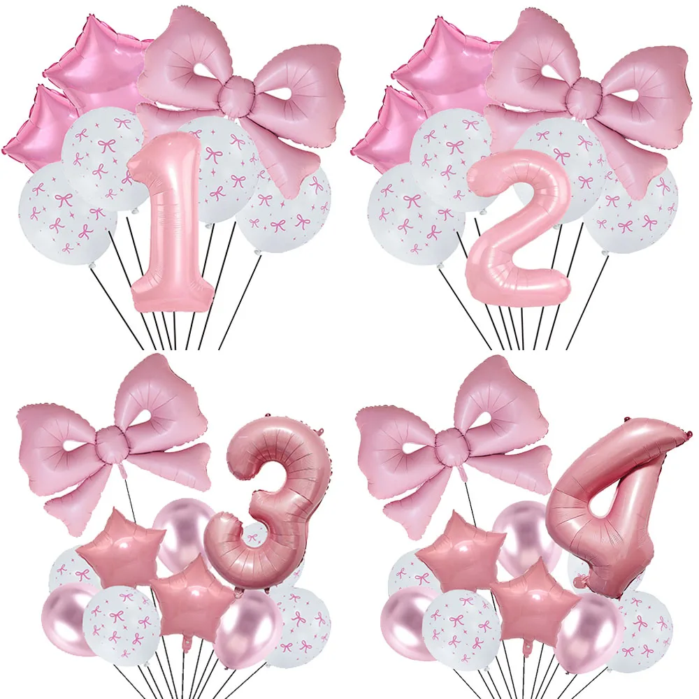 Pink Bow Balloons Set 32inch Number Balloon Bow Foil Balloon for Girl Women Birthday Wedding Baby Shower Party Decors Bow Theme